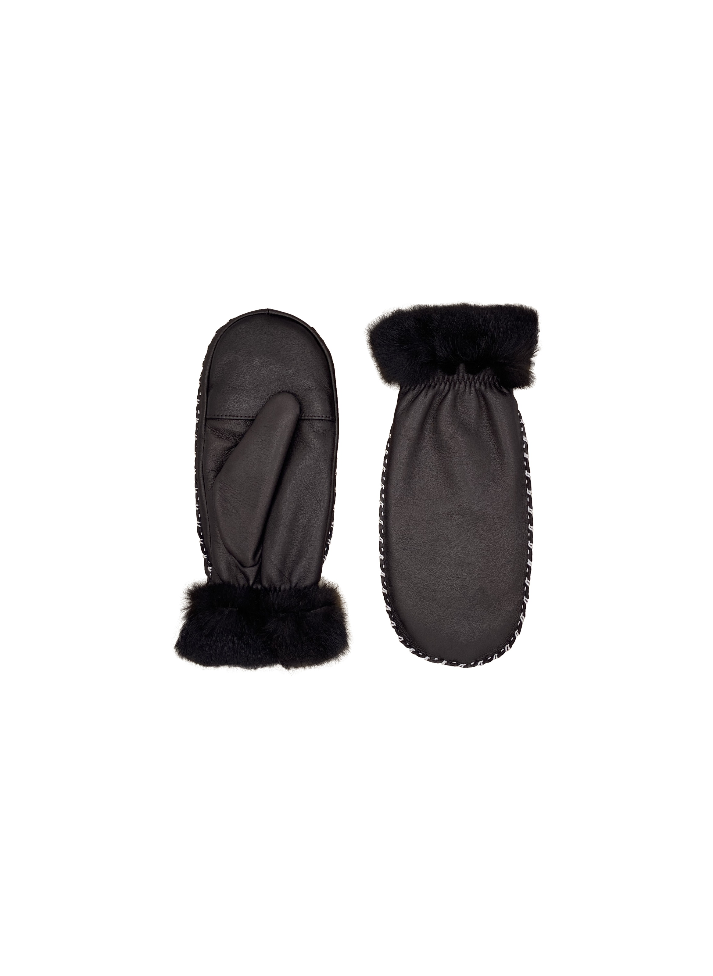 Moufle dame cuir agneau coutures ecru cuff double face doublee lapin