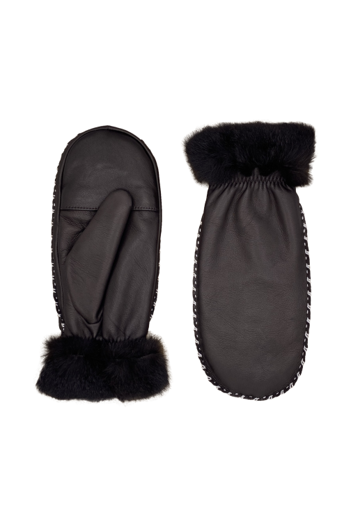 Moufle dame cuir agneau coutures ecru cuff double face doublee lapin