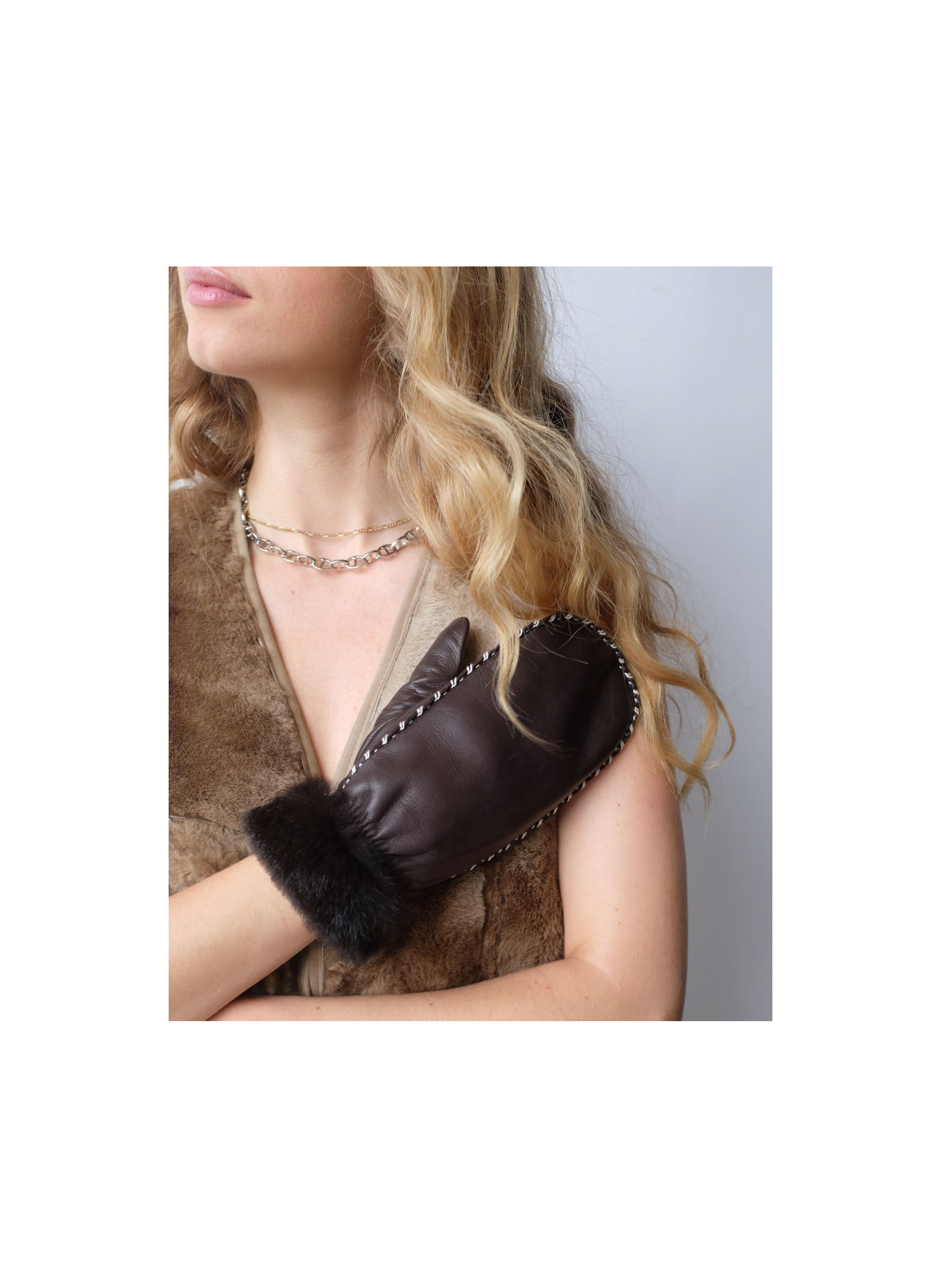 Moufles Marie-Louise Femme en Cuir Fourrées Lapin