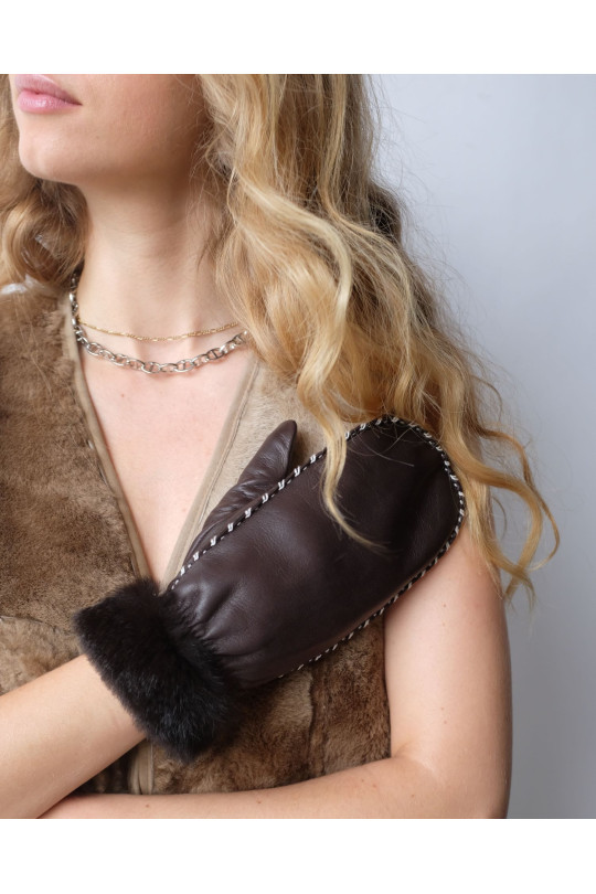 Moufle dame cuir agneau coutures ecru cuff double face doublee lapin