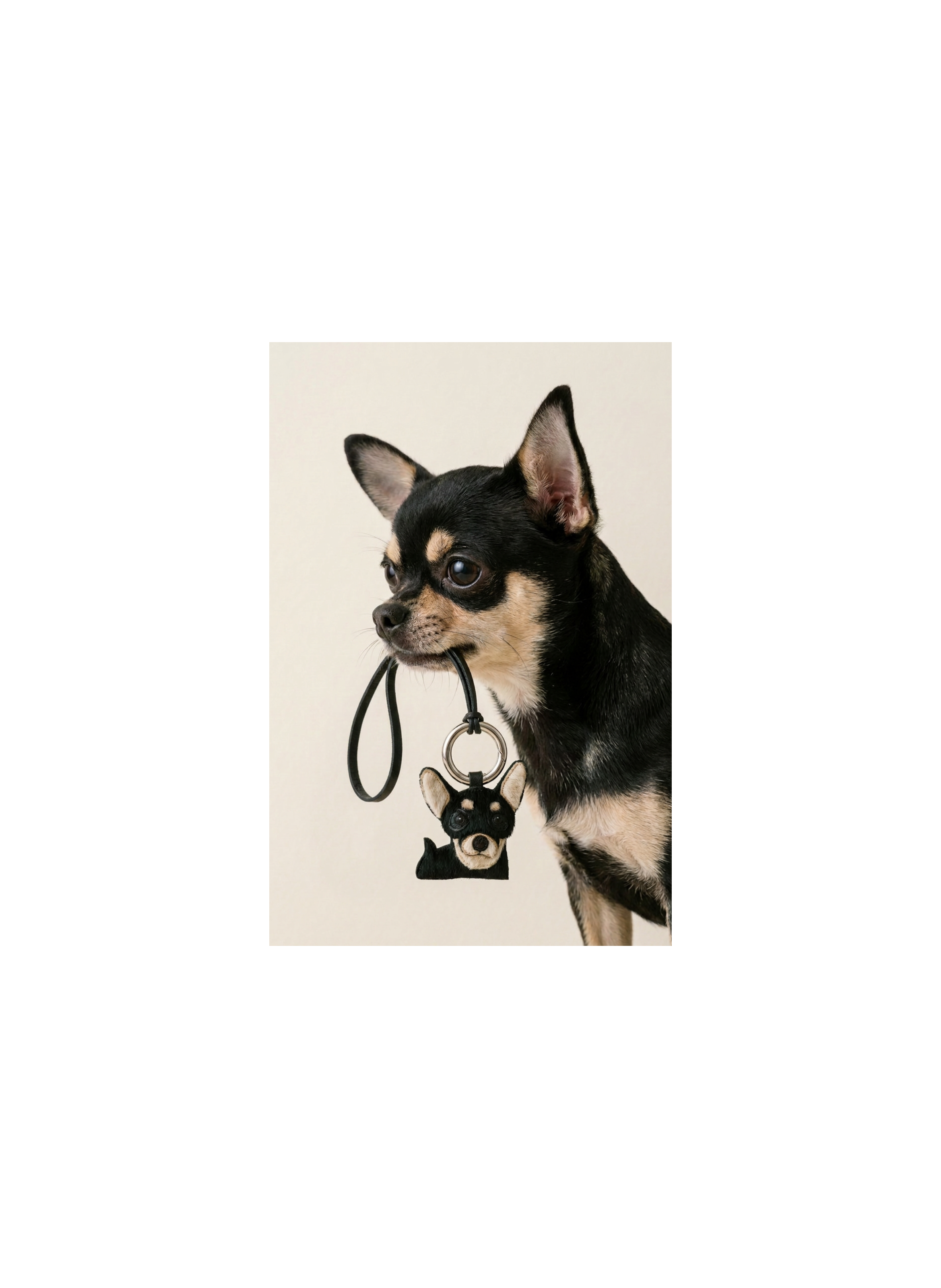 Porte clé tête de chien Chihuahua en cuir agneau et lien en cuir