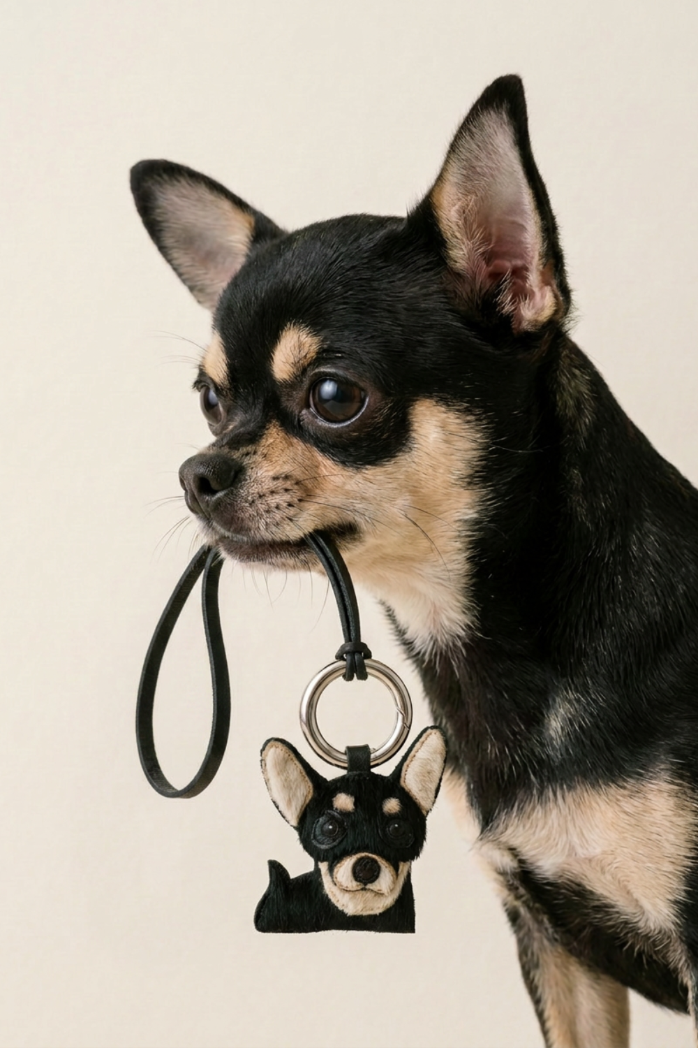 Porte clé tête de chien Chihuahua en cuir agneau et lien en cuir