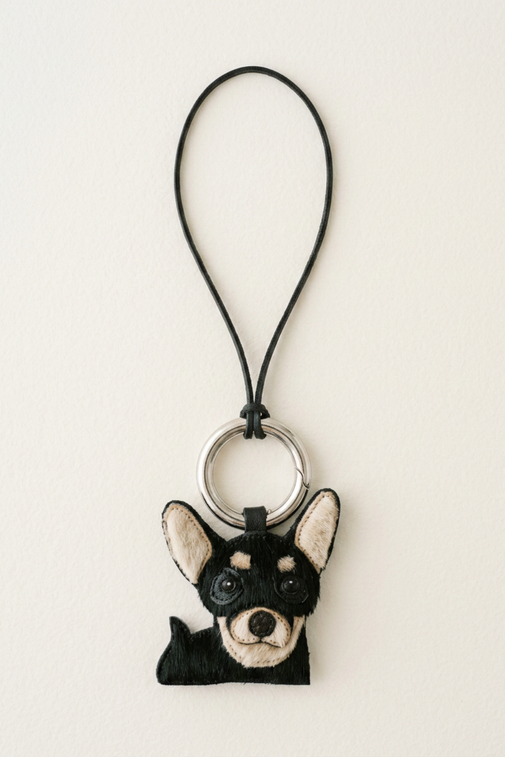 Porte cle en cuir agneau avec tete de chien Chihuahua et lien en cuir