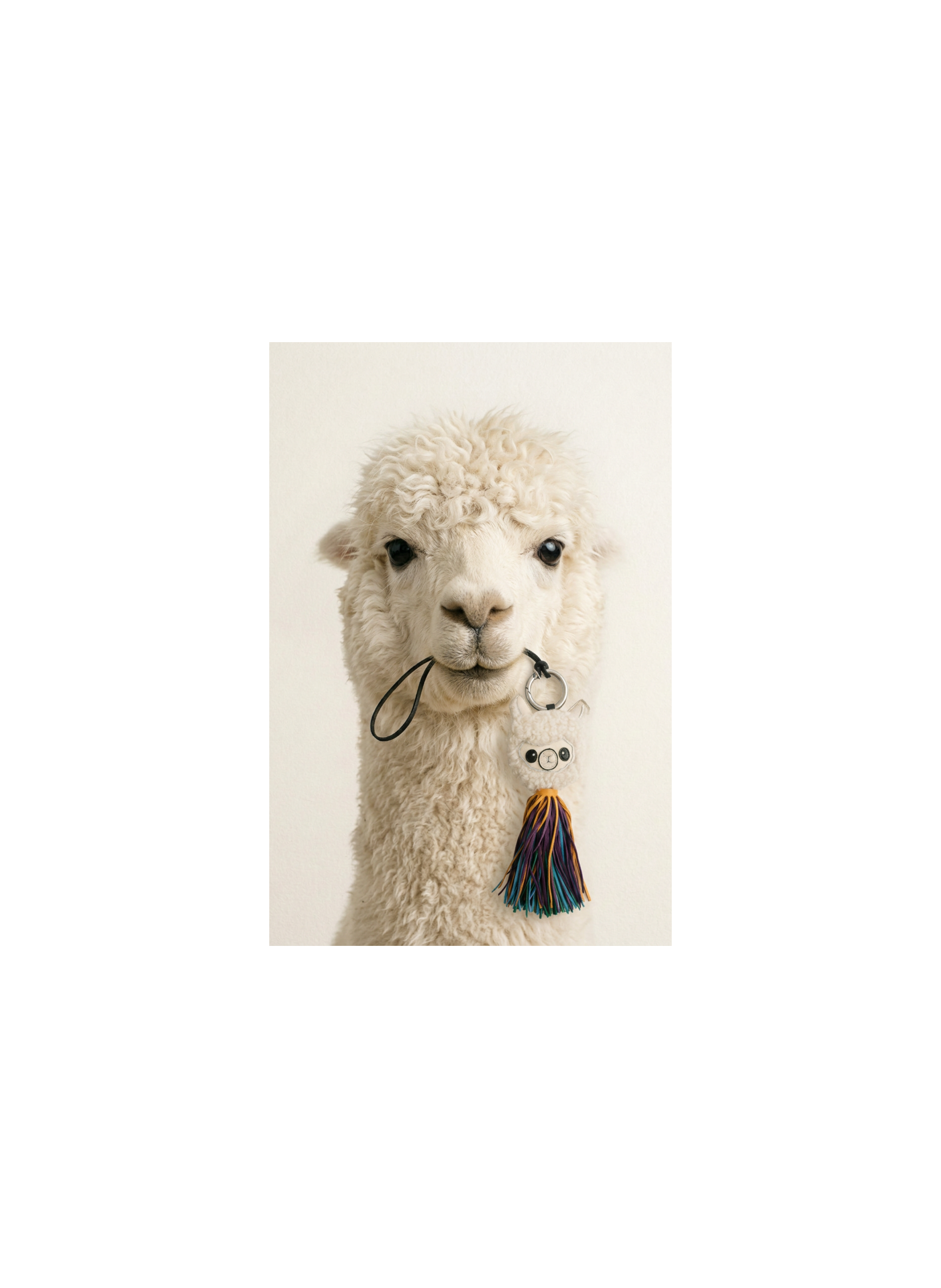 Porte cle en cuir agneau avec tête de lama et pompon