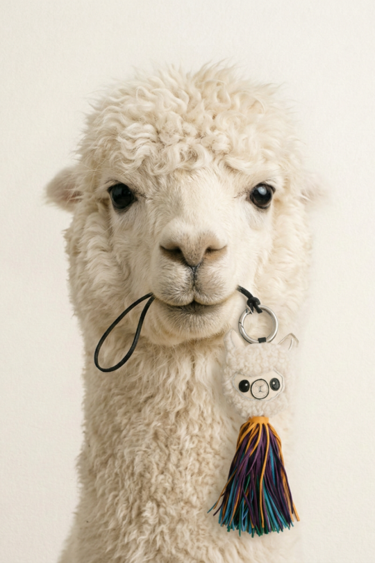 Porte cle en cuir agneau avec tête de lama et pompon