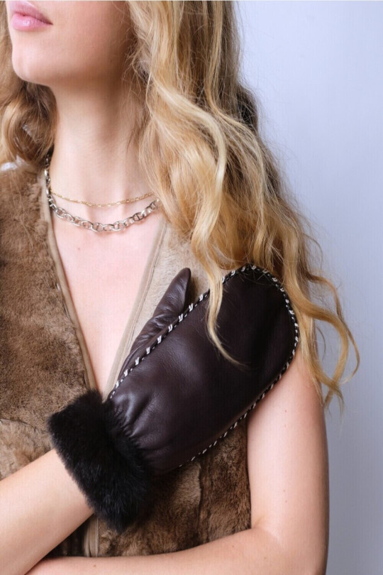 Moufles Marie-Louise Femme en Cuir Fourrées Lapin