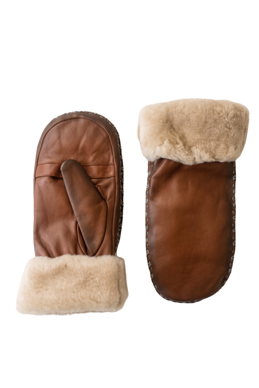 Moufle dame cuir agneau coutures ecru cuff double face doublee lapin