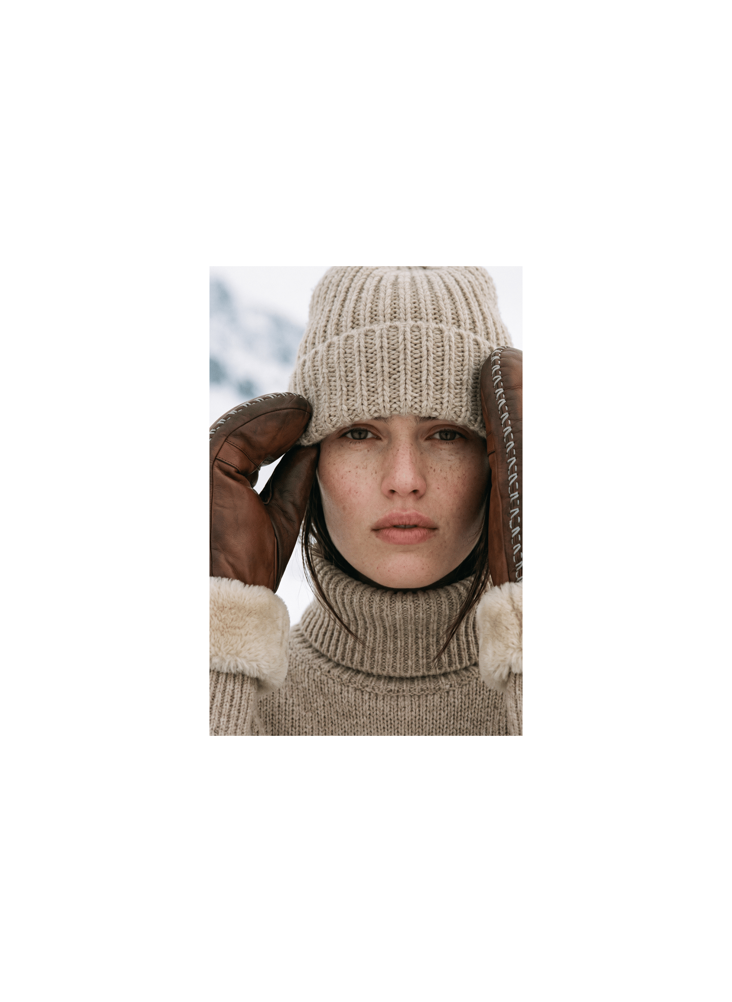 Moufle dame cuir agneau coutures ecru cuff double face doublee lapin