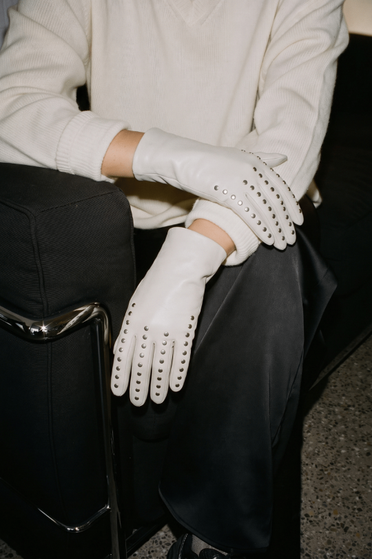 Studs Women's Leather Gloves Lined with Silk