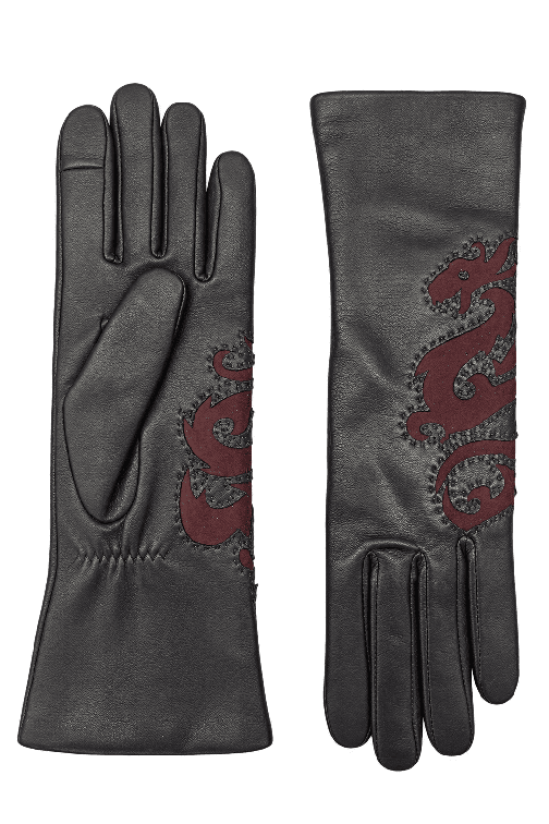 Gant dame cuir agneau avec patch dragon en cuir velours double alpaga