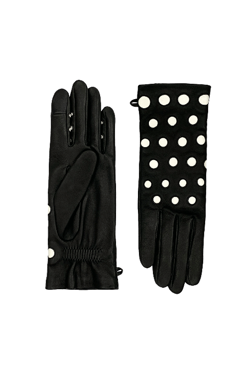 Gant dame cuir agneau pois contrastes sur dessus de main double soie