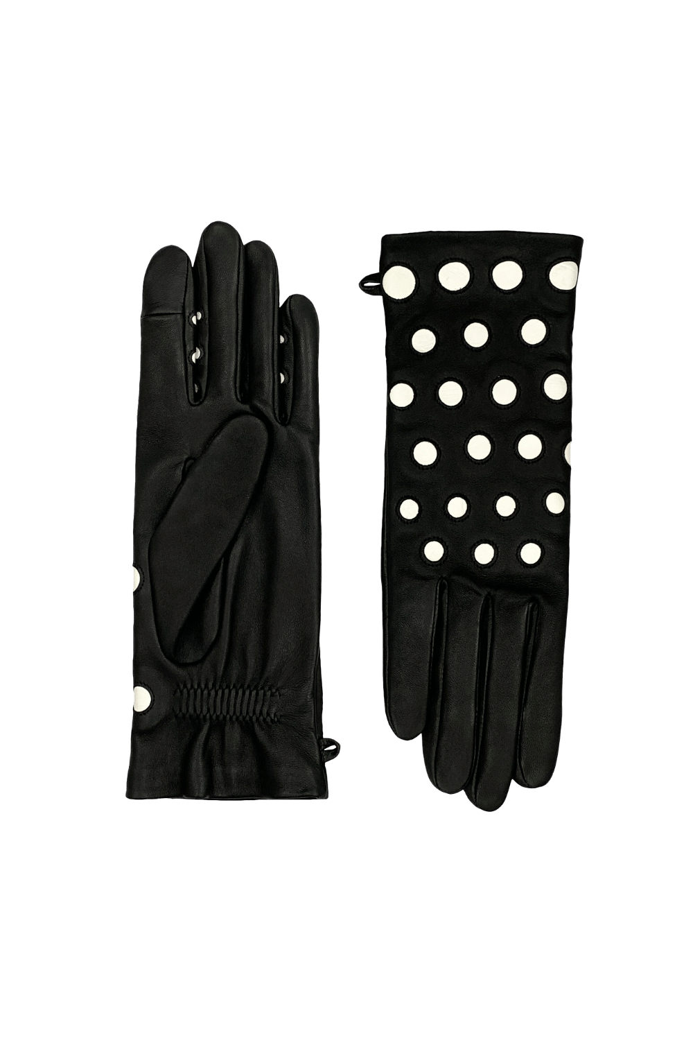 Gant dame cuir agneau pois contrastes sur dessus de main double soie