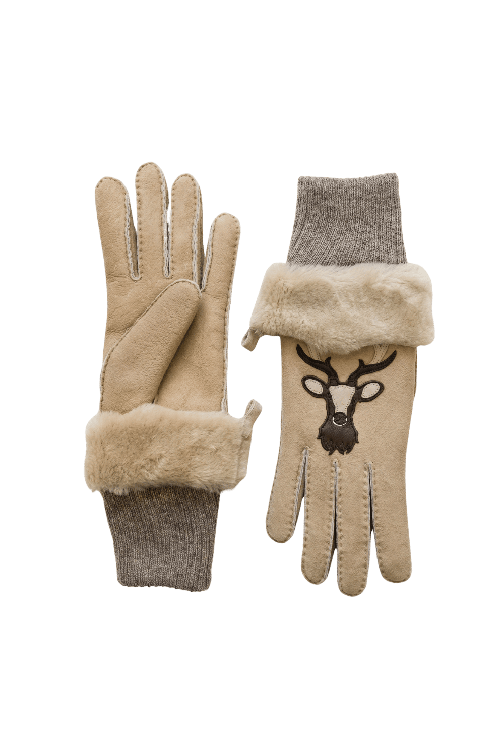 Gant dame cuir agneau double face avec dessin de cerf manchon alpaga