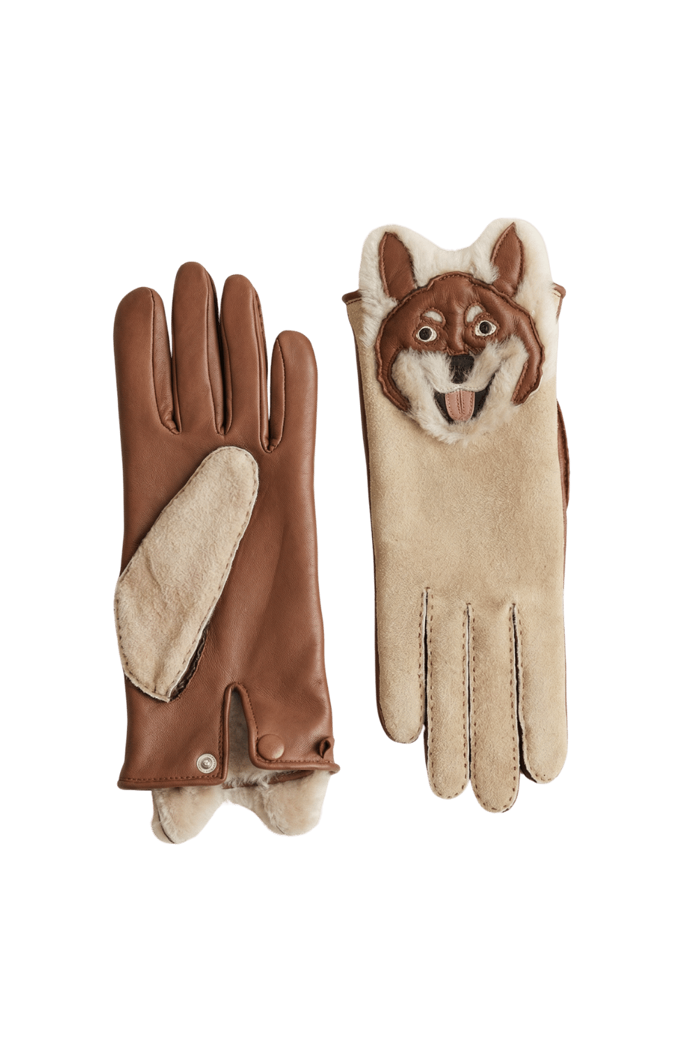 Gant dame cuir agneau glace&double face tete chien shiba double soie