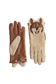 Gant dame cuir agneau glace&double face tete chien shiba double soie
