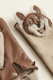 Gant dame cuir agneau glace&double face tete chien shiba double soie