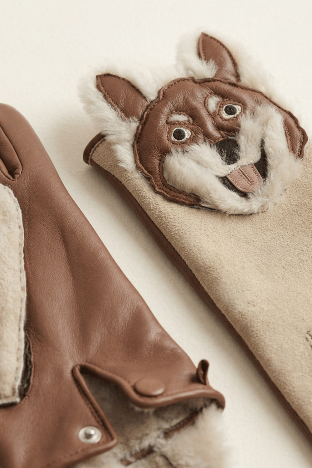 Gant dame cuir agneau glace&double face tete chien shiba double soie