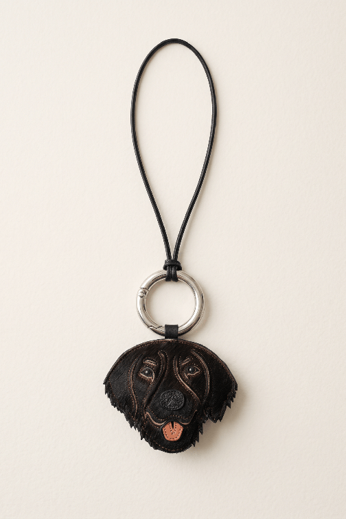 Porte cle en cuir agneau avec tete de chien Golden