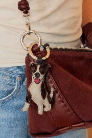 Porte cle en cuir agneau avec tete de chien J.Russel et lien en cuir