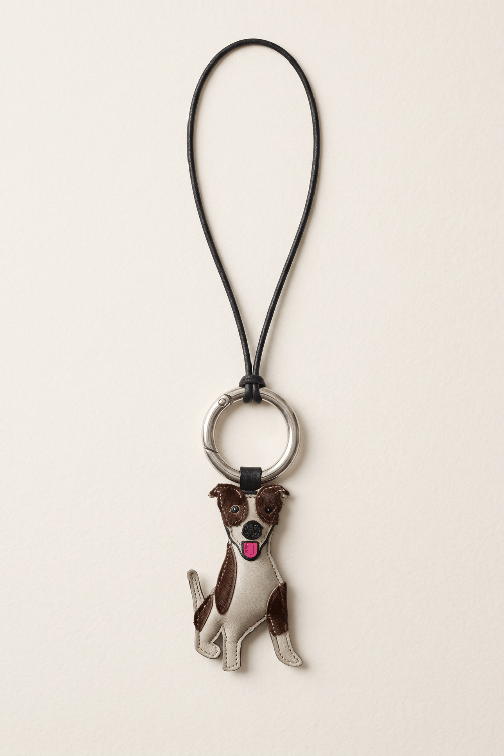 Porte cle en cuir agneau avec tete de chien J.Russel et lien en cuir